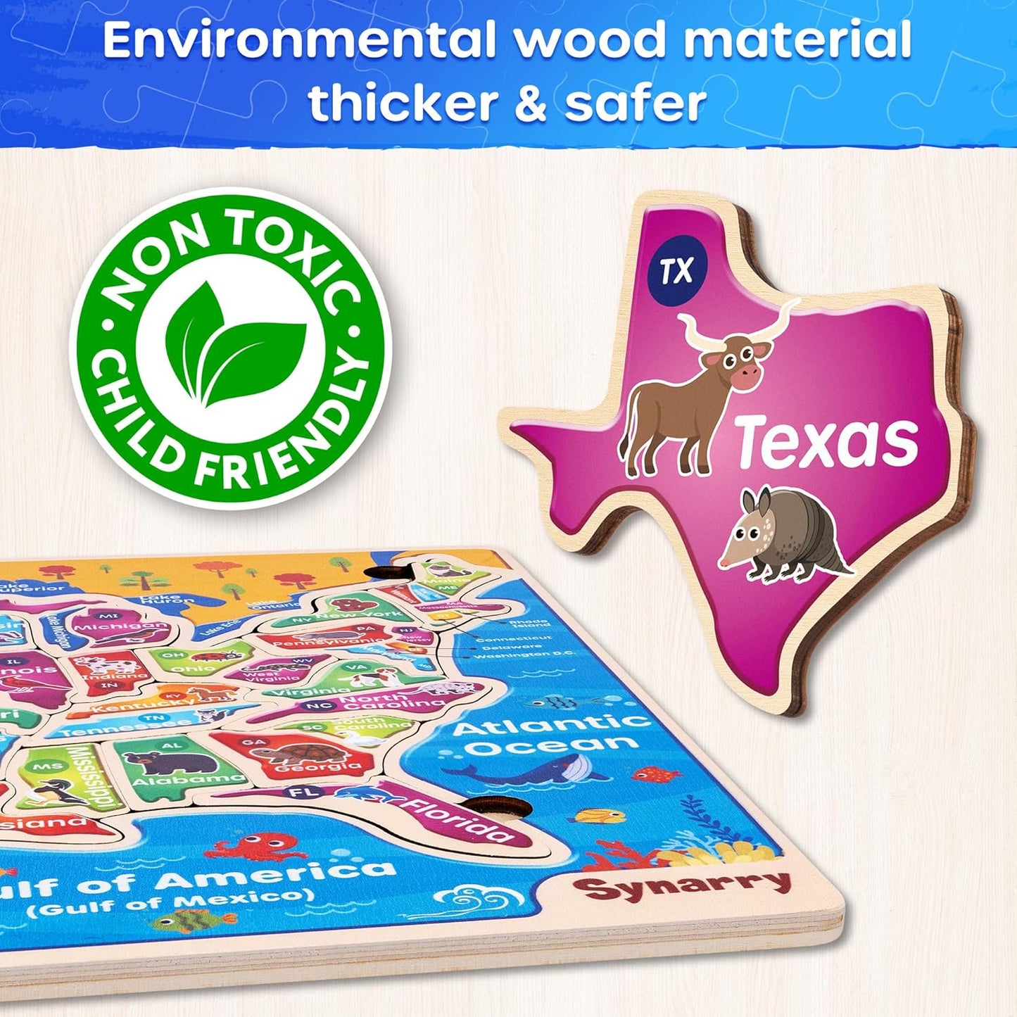SYNARRY Large USA World Wooden Puzzles for Kids Ages 4-6, Learning United States World Maps Puzles for Kids Ages 6-8, Wood Jigsaw Puzzles Educational Games Toys Gifts for Boys Girls Ages 3-8