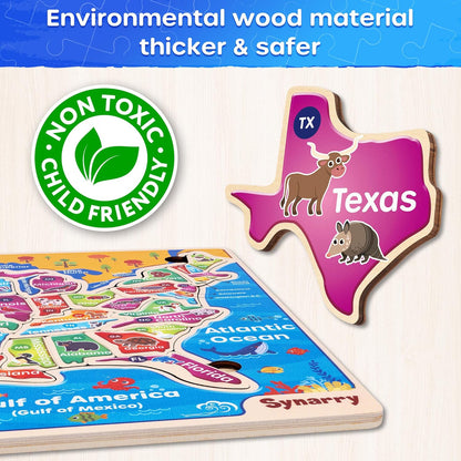 SYNARRY Large USA World Wooden Puzzles for Kids Ages 4-6, Learning United States World Maps Puzles for Kids Ages 6-8, Wood Jigsaw Puzzles Educational Games Toys Gifts for Boys Girls Ages 3-8