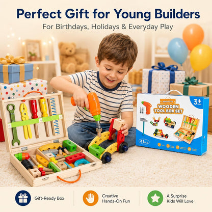 Kids Tool Set with Drill, Montessori Toys for 2 3 4 5 6 Years Toddler Toys Kids Toys, 41 Pcs Wooden STEM Construction Learning Pretend Play Games, Birthday Gift for Boys Girls