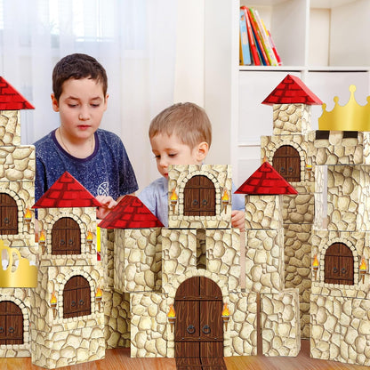 MotiMind 47 Pcs Jumbo Cardboard Castle Building Blocks New Year Gift DIY Building Blocks Large Stone Box Collapsible Reusable Jumbo Crown for Castle House Birthday Indoor Outdoor Party (Black)