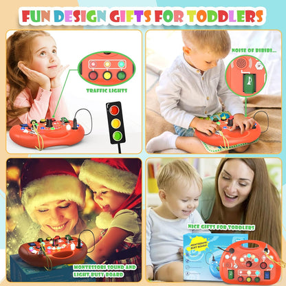 Montessori Busy Board with LED Light for Toddlers 2-4 Year Old, Sensory Toys with Sounds & Switches, Car Driving Travel Toys for Kids, Preschool Busy Book Boy and Girls Birthday Gifts (Pink)