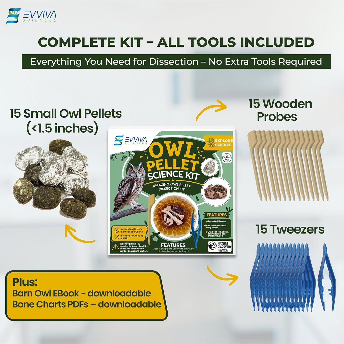 ES EVVIVA SCIENCES Owl Pellet Kit - Dissect 15 Mostly Small Real Owl Pellets w/Tools & PDF Bone Charts - Science Education Kit for Ages 15+ - Hands-On Animal Biology Science Lab Activity