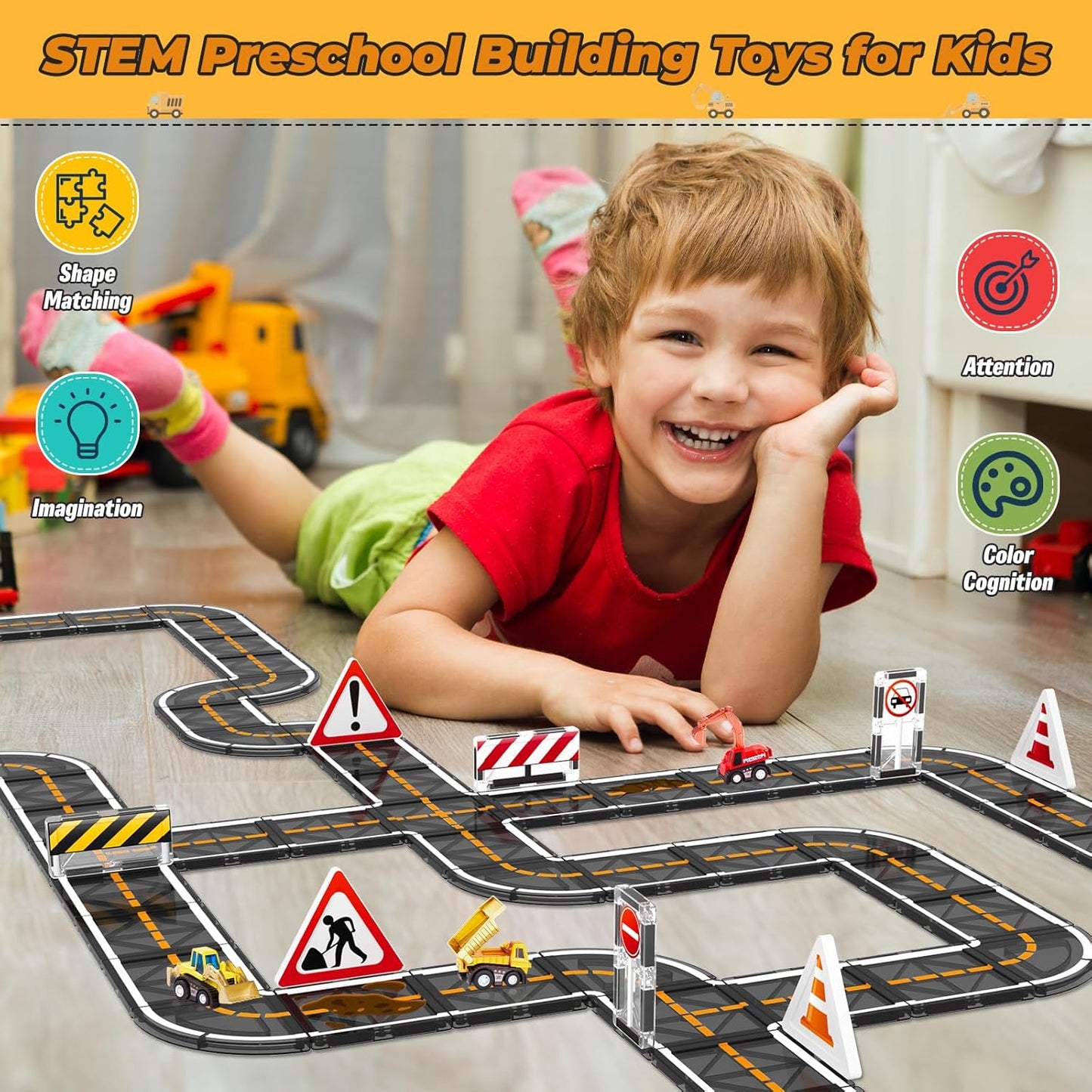 Magnetic Tiles, Magnetic Blocks Engineering Construction Vehicle Road Set, Toddler Toys for 3 4 5 Year Old Boys Girls Montessori Preschool Classroom Must Haves STEM Educational Kids Toys Birthday Gift