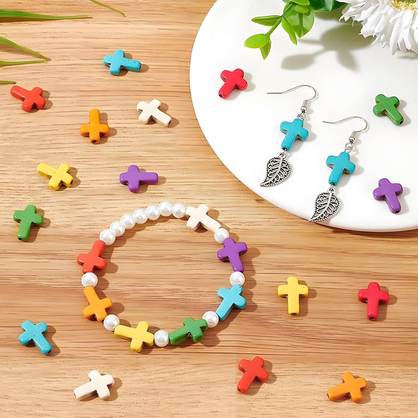 100pcs Blue and White Turquoise Cross Spacer Beads 8x10mm Semi Precious Stone Bead Easter Cross Gemstone Loose Beads for Jewelry Making Charms Beading Bracelets Necklaces Earrings Crafts