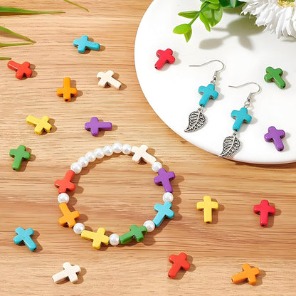 100pcs Blue and White Turquoise Cross Spacer Beads 8x10mm Semi Precious Stone Bead Easter Cross Gemstone Loose Beads for Jewelry Making Charms Beading Bracelets Necklaces Earrings Crafts
