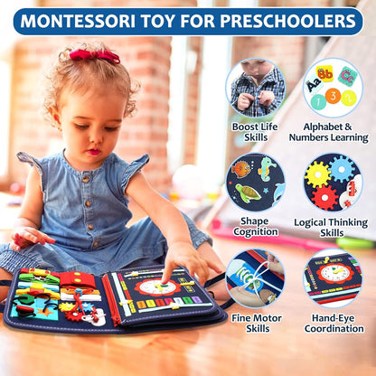 Qizfun Toddler Busy Board Montessori Toys – Sensory Busy Book, Educational Learning Travel Toy for Airplane & Car, Keeps Toddlers Entertained, Birthday Gifts for Toddler Boys Girls (Blue/P8)