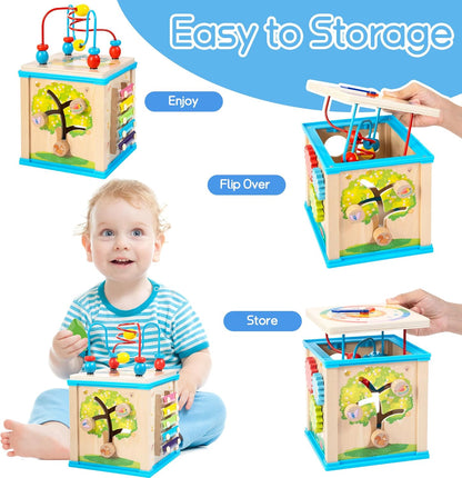 WOODMAM Wooden 7-in-1 Activity Cube| Montessori Toys for 1 Year Old Toddlers| Baby Educational Developmental Toys |One Year Old Boys Girls First Birthday Gifts |Bonus Sorting & Stacking Board