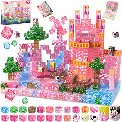 Magnetic Blocks - 100Pcs 0.8in Magnetic Building Block for Kids Ages 4-8, Transparent Magnet Block Blue Princess Castle, Magnet Cubes Tiles Princess Toy for Girl 3 4 5 6 7 8-12 Birthday Gift
