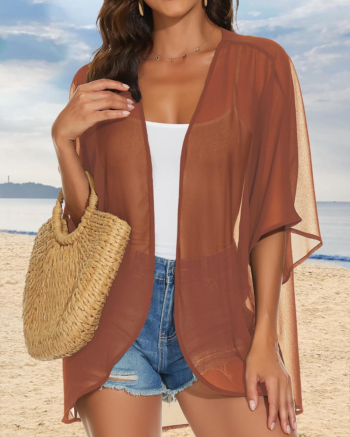 Womens Kimono Cardigans Beach Cover ups Swimwear Puff Sleeve Loose Casual Summer Tops 2026