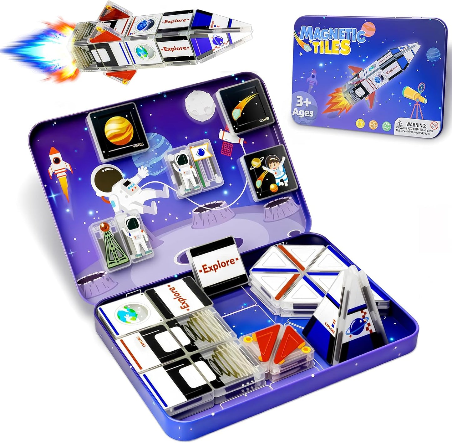 Mini Magnetic Tiles,42PCS Magnetic Building Blocks with Metal Storage Box,STEM Toys for Kids Ages 3+,Sensory Toys for Kids with Autism