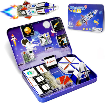 Mini Magnetic Tiles,42PCS Magnetic Building Blocks with Metal Storage Box,STEM Toys for Kids Ages 3+,Sensory Toys for Kids with Autism