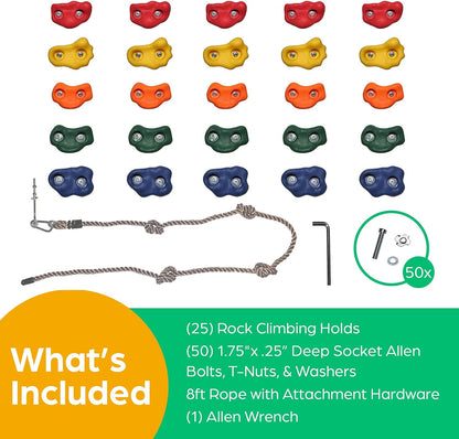Jungle Gym Kingdom Rock Climbing Holds for Kids - Indoor & Outdoor Rock Wall Climbing Kit with Mounting Hardware, Knotted Rope and 25 Handles - Playground Accessories﻿