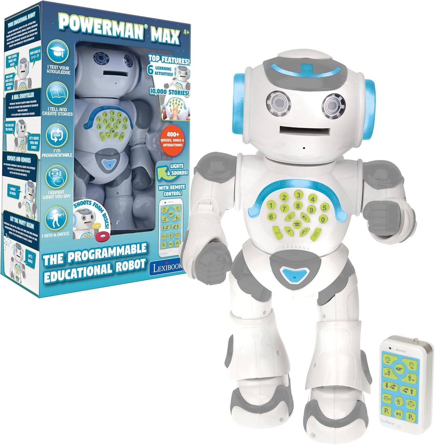 LEXiBOOK, Powerman Neo, My Robot Full of Technology, Remote Control and Gesture Control, Educational Activities in English, Programmable, Music and Dance, Sound and Light Effects, Blue/White, ROB18EN