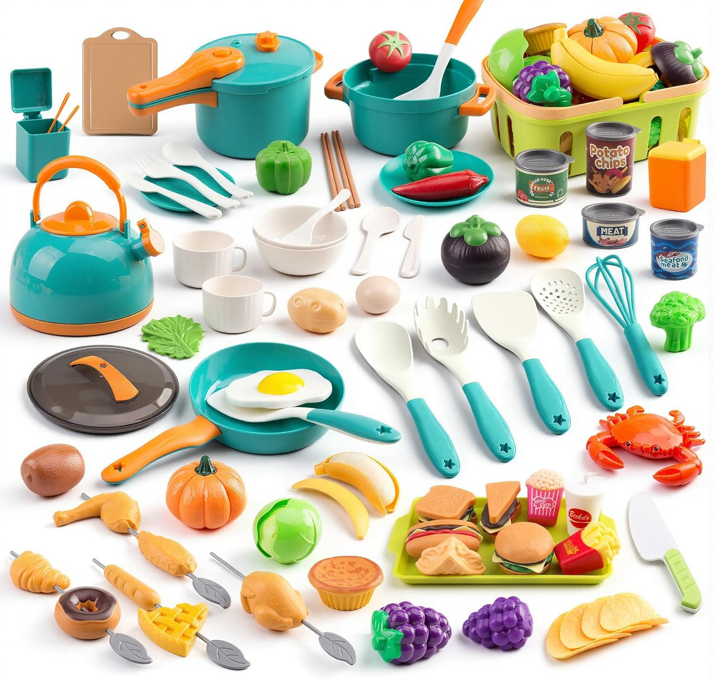 60Pcs Kids Mini Play Kitchen Accessories, Pretend Cooking Play Set with Cookware, Tableware & Fruit & BBQ Sets, Learning Gift for Boys, Girls, Toddlers,Yellow