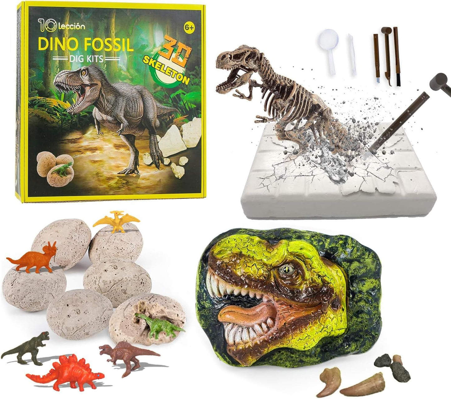 Dinosaur Fossil Dig Kit, Dino Excavation Kits for Kids, Educational Science Kits, Dinosaur Toys for Kids, Dig up 2 3D Skeleton Puzzles and 2 Dino Figures Including T-Rex, Triceratops