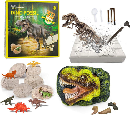 Dinosaur Fossil Dig Kit, Dino Excavation Kits for Kids, Educational Science Kits, Dinosaur Toys for Kids, Dig up 2 3D Skeleton Puzzles and 2 Dino Figures Including T-Rex, Triceratops