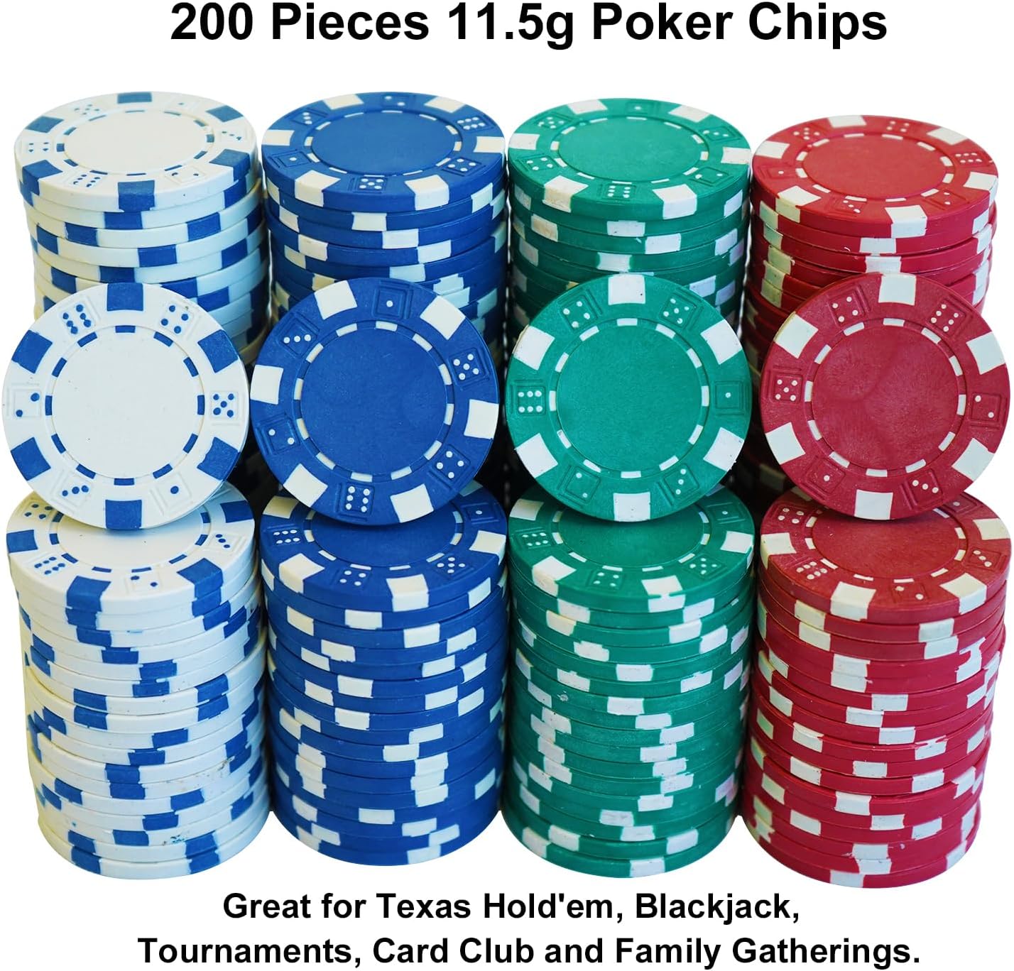 SEETOOOGAMES 100 Pieces 11.5g Clay Composite Dice Striped Casino Poker Chips- 4 Colors (red, Green, White and Blue)