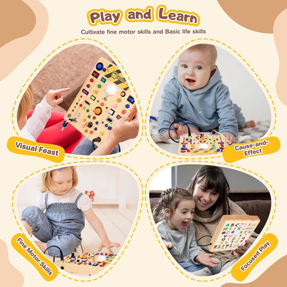 Busy Board with LED Light Switches, Montessori Toys for 1 2 3 Years Old, Toddlers Wooden Toy Sensory Activity Board, Travel Toys for 1+ Year Old Boy & Girl Birthday Gift