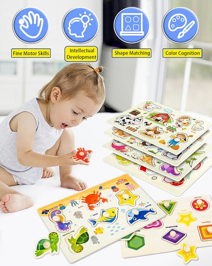 Wooden Peg Puzzles for Toddlers,Montessori Toddler Jigsaw for Child,Fine Motor Skill Learning Puzzle Toys for Baby Boys Girls Gifts-6 Pcs Shape,Farm,Sea Animal,Dinosaurs,Fruits,Animal