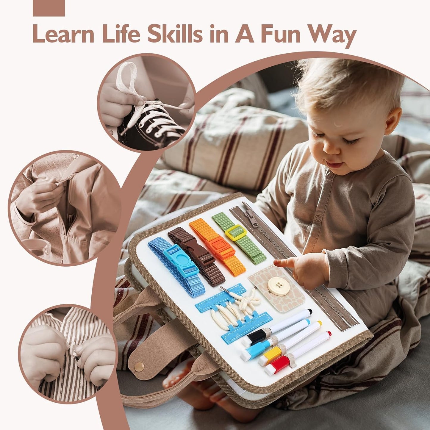 hahaland Busy Board for Toddlers - Montessori Toys Preschool Learning Activities with Life Skills, Alphabet, Number, Shape, Color, Animal, Weather - Toddler Boy Learning Educational Toys, Travel Toys