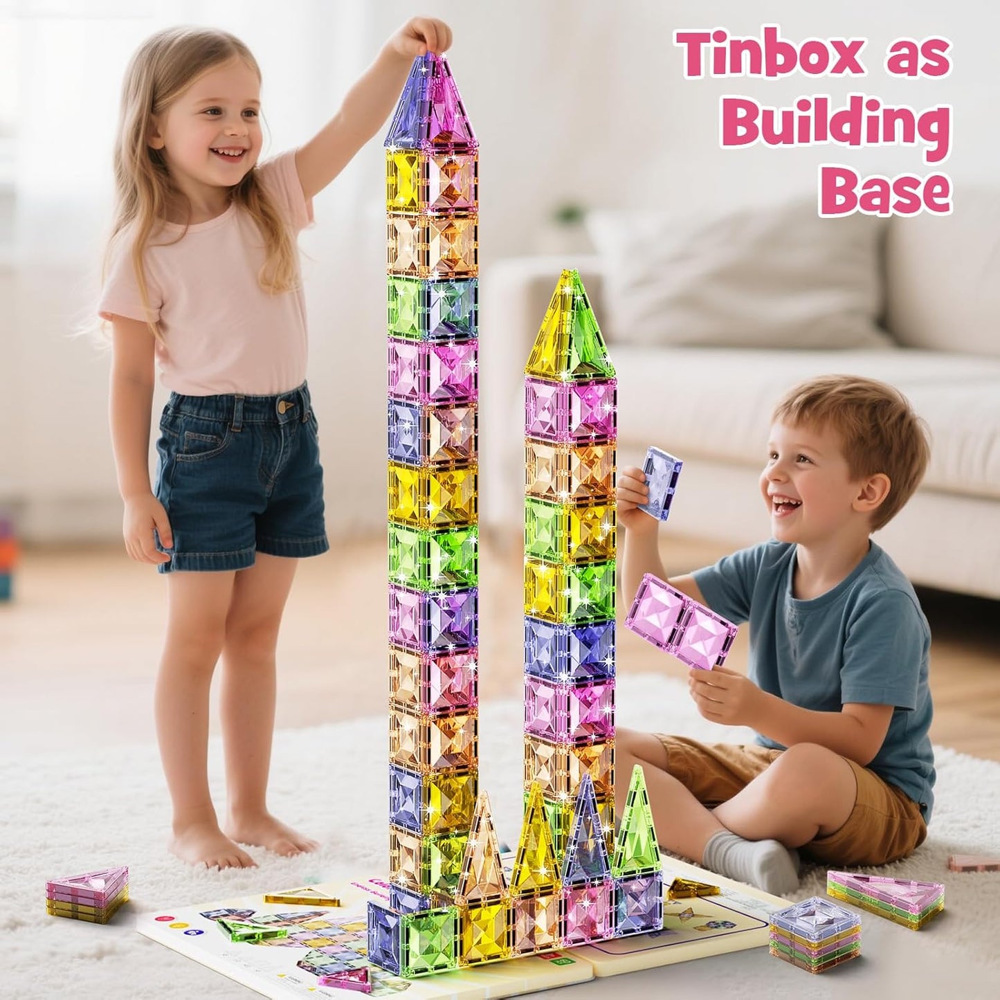 Magnetic Tiles for Kids Ages 4-8, Magnetic Blocks Travel Set with Diamond Surface & Metal Storage Box, 60PCS STEM Learning Toys, Educational Building Gifts for 3-8 Year Olds