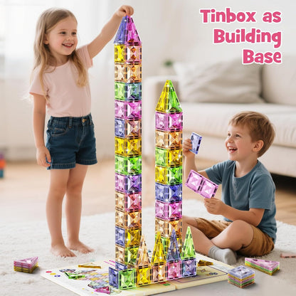 Magnetic Tiles for Kids Ages 4-8, Magnetic Blocks Travel Set with Diamond Surface & Metal Storage Box, 60PCS STEM Learning Toys, Educational Building Gifts for 3-8 Year Olds