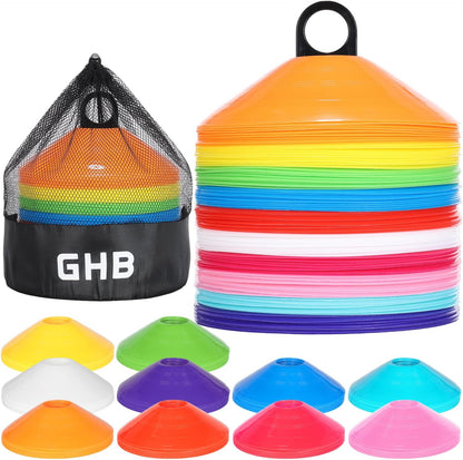 GHB Soccer Cones 25/50/100 Pack Disc Soccer Sport Cones Training Field Marker Agility Cones for Traffic, Basketball, Coaching, Practice Equipment Includes Cone Drills Guide