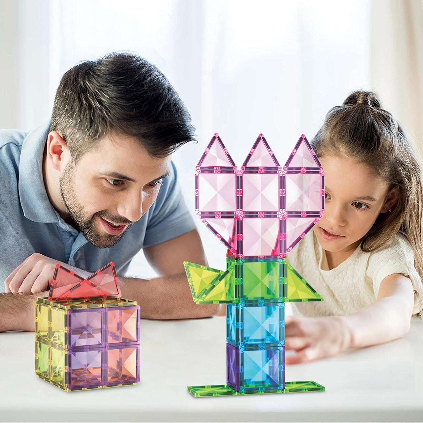 PicassoTiles 4pcs Magnetic Building Block Large Square Shape Magnet Tiles Construction Toy STEM Learning Kit Educational Playset Playboard Pretend Play Stacking Blocks Child Brain Development PTE09