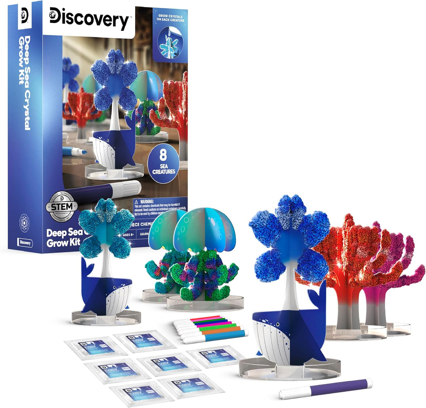 Discovery™ Deep Sea Crystal Grow Kit – 32-Piece STEM Chemistry Lab for Kids| Grow Colorful Crystals on 8 Sea Creatures| Educational Craft Kit with Art Supplies| DIY Science Activity Set Gift| Ages 8+