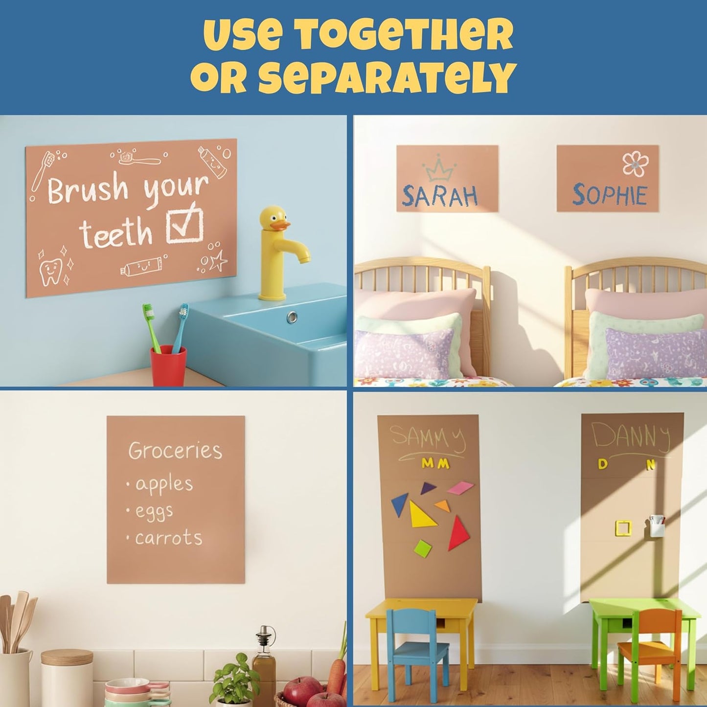 Magnetic Chalkboard Wall Decal for Kids – Set of 6 Peel and Stick Magnet Sheets with Chalk, Tangram Puzzle, and Holder – Modular Learning and Drawing Board for Homeschool, Playroom, Classroom