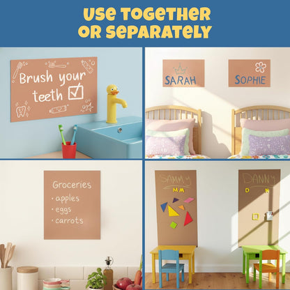 Magnetic Chalkboard Wall Decal for Kids – Set of 6 Peel and Stick Magnet Sheets with Chalk, Tangram Puzzle, and Holder – Modular Learning and Drawing Board for Homeschool, Playroom, Classroom