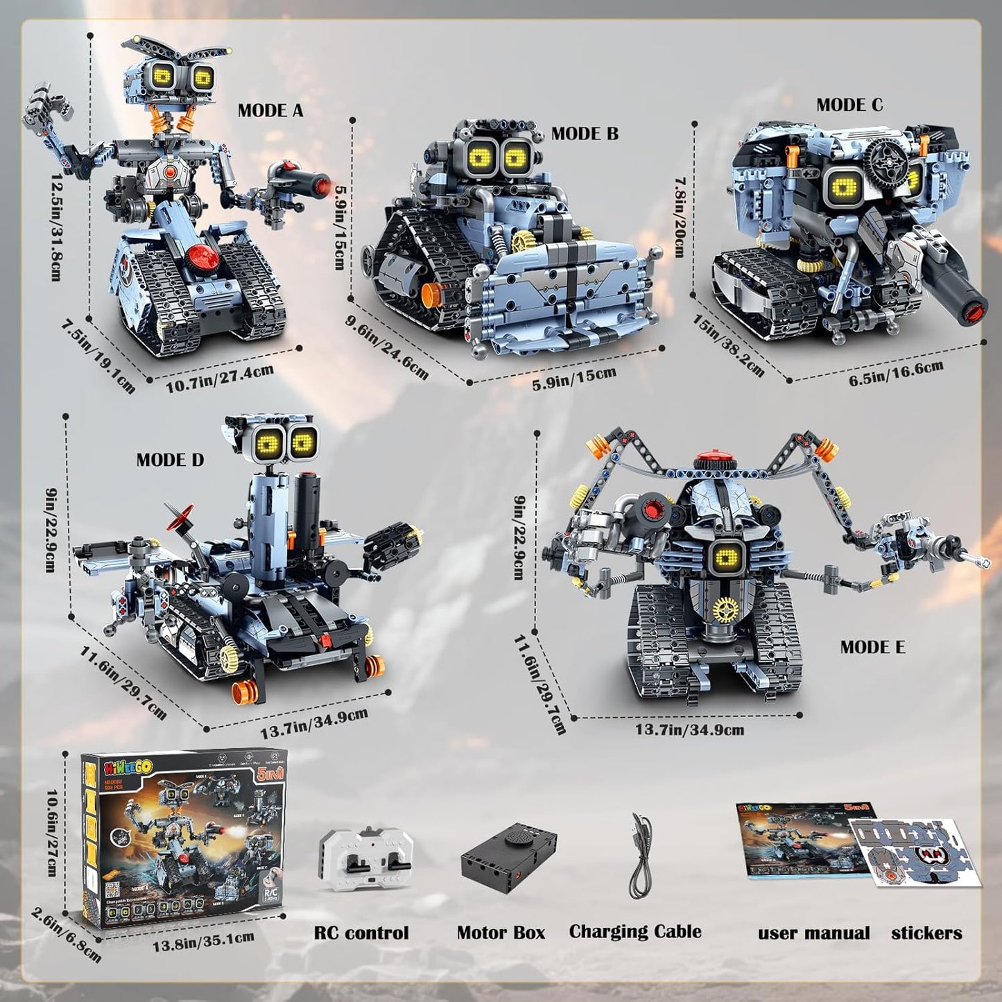 HiWEEGO Changeable LED Eyes Robot Building Set- 5 in 1 Remote & App-Controlled Robotic Building Block RC Elephant/Bulldozer/Tank/Tracked Model Kit Toys Gift for Kids Boys Girls Teens Age 12+ Years Old