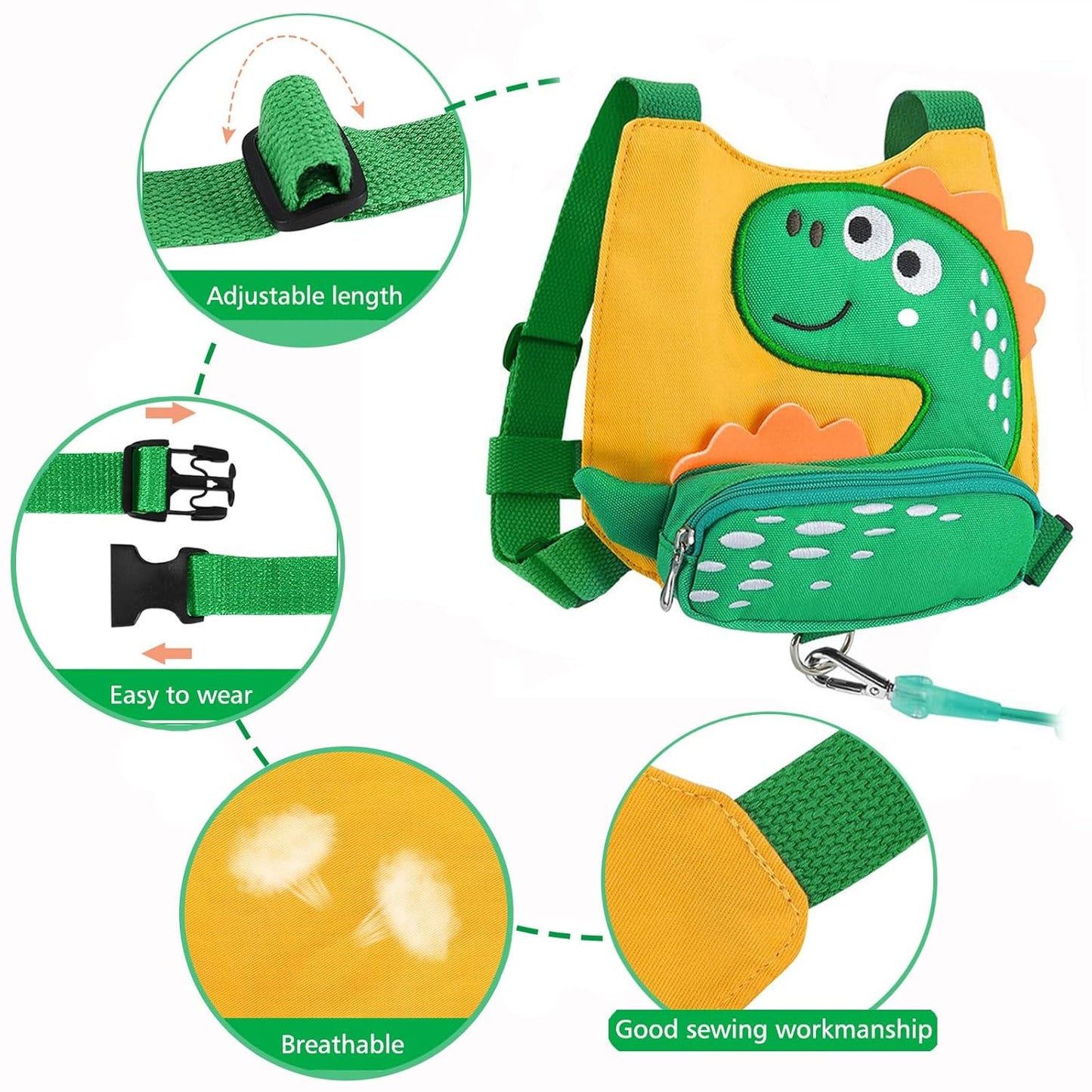 3 in 1 Toddler Harness Leash + Baby Anti Lost Wrist Link, Accmor Cute Dinosaur Child Safety Harness Tether, Kids Walking Wristband Assistant Strap Belt for Parent Boys Outdoor Activity (Black)