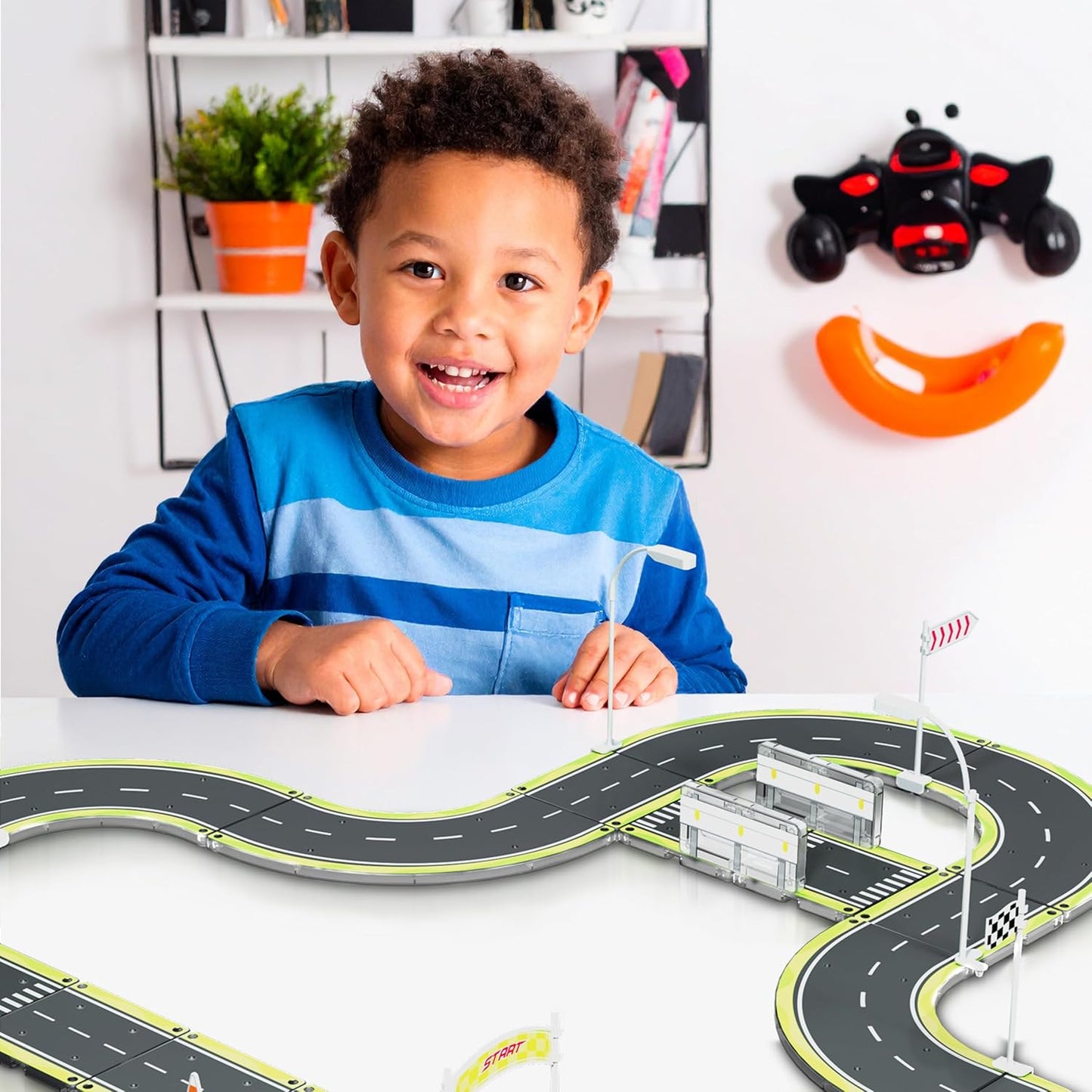 PicassoTiles Magnetic Tiles Race Track Car Thrilling Toy Playset Includes 2 Racing Trucks STEM Educational Magnet Tile Building Block Construction Set for Toddlers Boys Girls Ages 3 and Older PTR30
