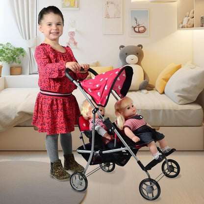 The New York Doll Collection First Twin Stroller - Cutest Heart Design Baby Strollers Great Toy Gift for Toddlers and Girls (Denim) Blue,pink