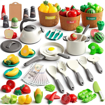 150Pcs Kitchen Playset, Toddlers Pretend Cooking Cookware Accessories, Food, Picnic Blanket, Fruits, Veges, 2Pack Shopping Storage Basket, Dessert and Prop Money, Gift for Kids (Pink)