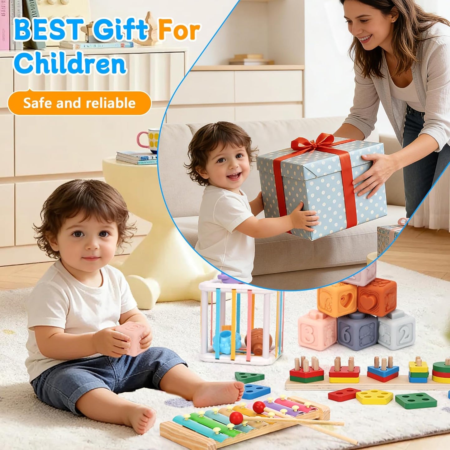Baby Toys for 6-18 Months, 5-in-1 Montessori Educational Toy Set with Soft Teething Toy Stacking Blocks Rings Sensory Bin, Sorting Sensory Educational Learning Gift for Toddlers Aged 1-3
