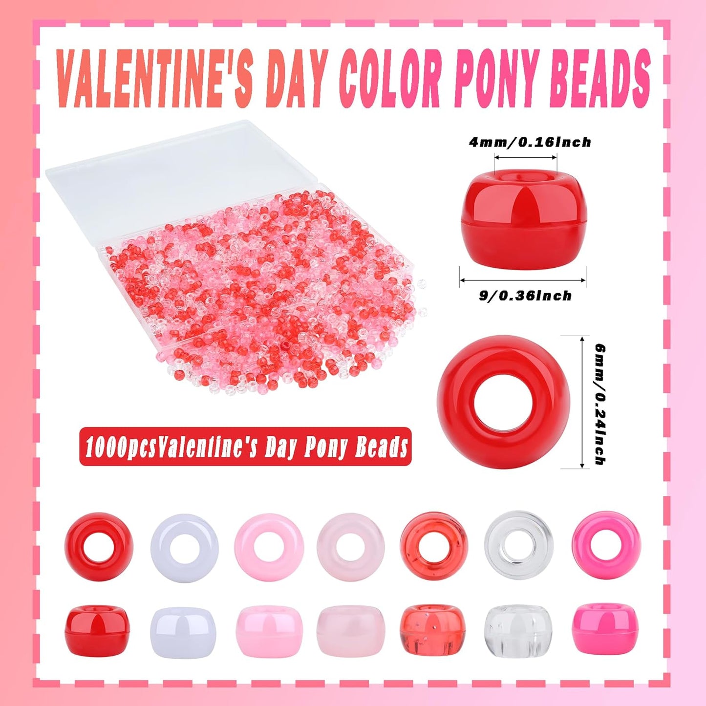 Red Pony Beads 1000Pcs 9mm Pony Beads Bulk Red Perler Beads for Friendship Bracelets Kandi Beads Hair Beads for Braids Beads for Crafts