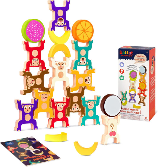 Battat Education – Wooden Stacking Monkeys Toy for Toddlers – Colorful Interlocking Rings – Develop Fine Motor Skills & Hand – Eye Coordination – Fun Balancing Building Blocks for Kids 3+ Years