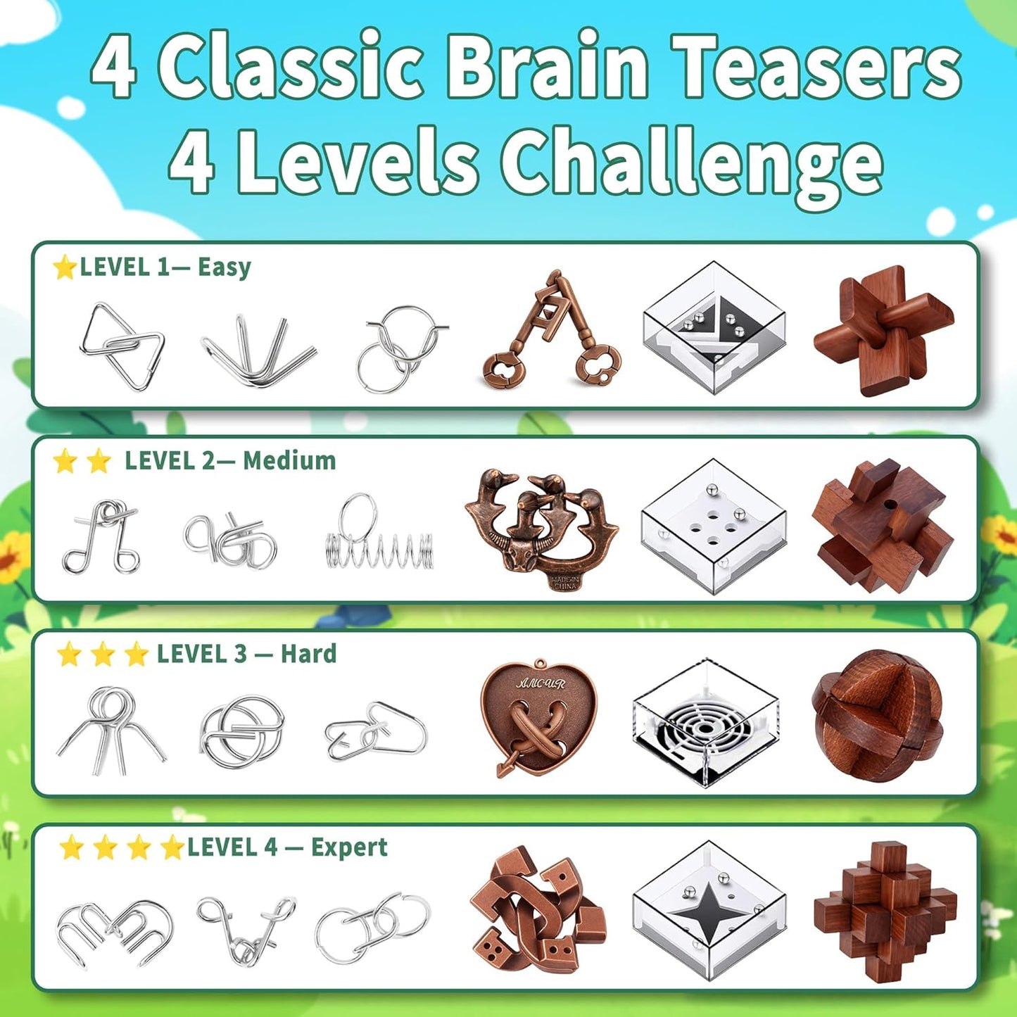 TAHAVICE 24 PCS Brain Teaser Puzzles Set, Wooden & Metal 3D Unlock Interlock Game, Kongming Luban Lock Wire Disentanglement IQ Puzzle, Logic Challenge Educational Gift for Adults Teens Kids