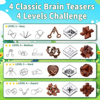 TAHAVICE 24 PCS Brain Teaser Puzzles Set, Wooden & Metal 3D Unlock Interlock Game, Kongming Luban Lock Wire Disentanglement IQ Puzzle, Logic Challenge Educational Gift for Adults Teens Kids