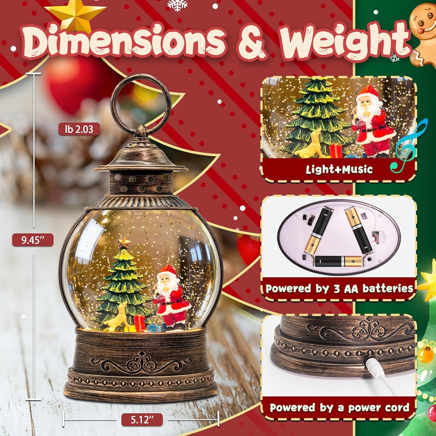 Christmas Snow Globes Lantern, Church and Christmas Tree Christmas Decorations Indoor, 6H Timer Battery & USB Powered Light Up Musical Snow Globes for Kids Women Adults Gift Thanksgiving Home Decor