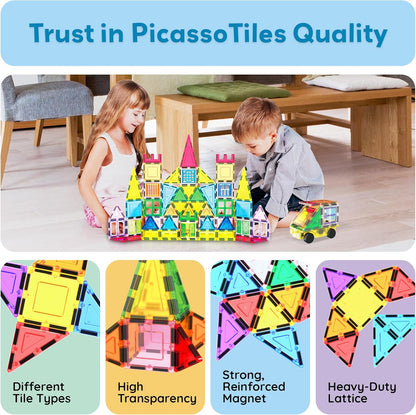 PicassoTiles 101 Piece Magnetic Tile Building Blocks Set with Durable Storage Bag STEM Educational Construction Magnet Toy Kit for Toddlers Preschool Kids Boys Girls Age 3 Plus Indoor Learning PT06