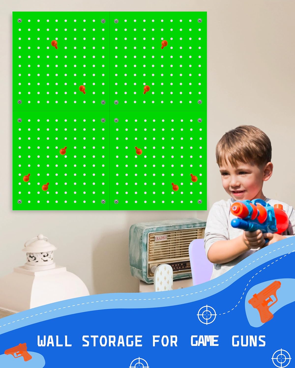 Skywin Wooden Pegboard for Nerf Gun Storage, Nerf Gun Wall Mount Eagle Shape, Compatible with All Blasters, Rack for Wall Organization - Birthday Gift for Kids (Orange)