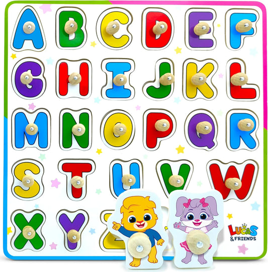 ABC Puzzle for Toddlers, Wooden Montessori Toys for Baby Boys and Girls, ABC Alphabets Learning for Toddler, Educational Alphabet Learning Toys, Peg Puzzle Board for Preschool Kids by Lucas & Friends