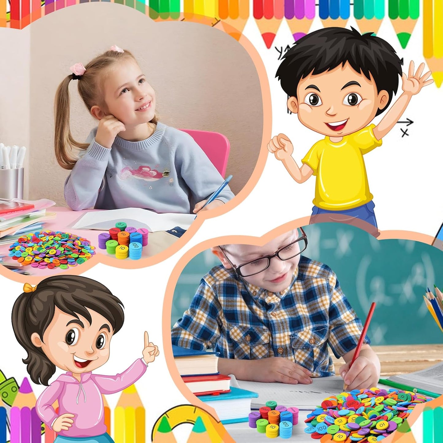 1000 Pcs Place Value Disks 10 Decimals to Whole Numbers Counting Chips for Kids Base 10 Place Value Manipulatives Math Counters Discs Set for Elementary School Math Supplies