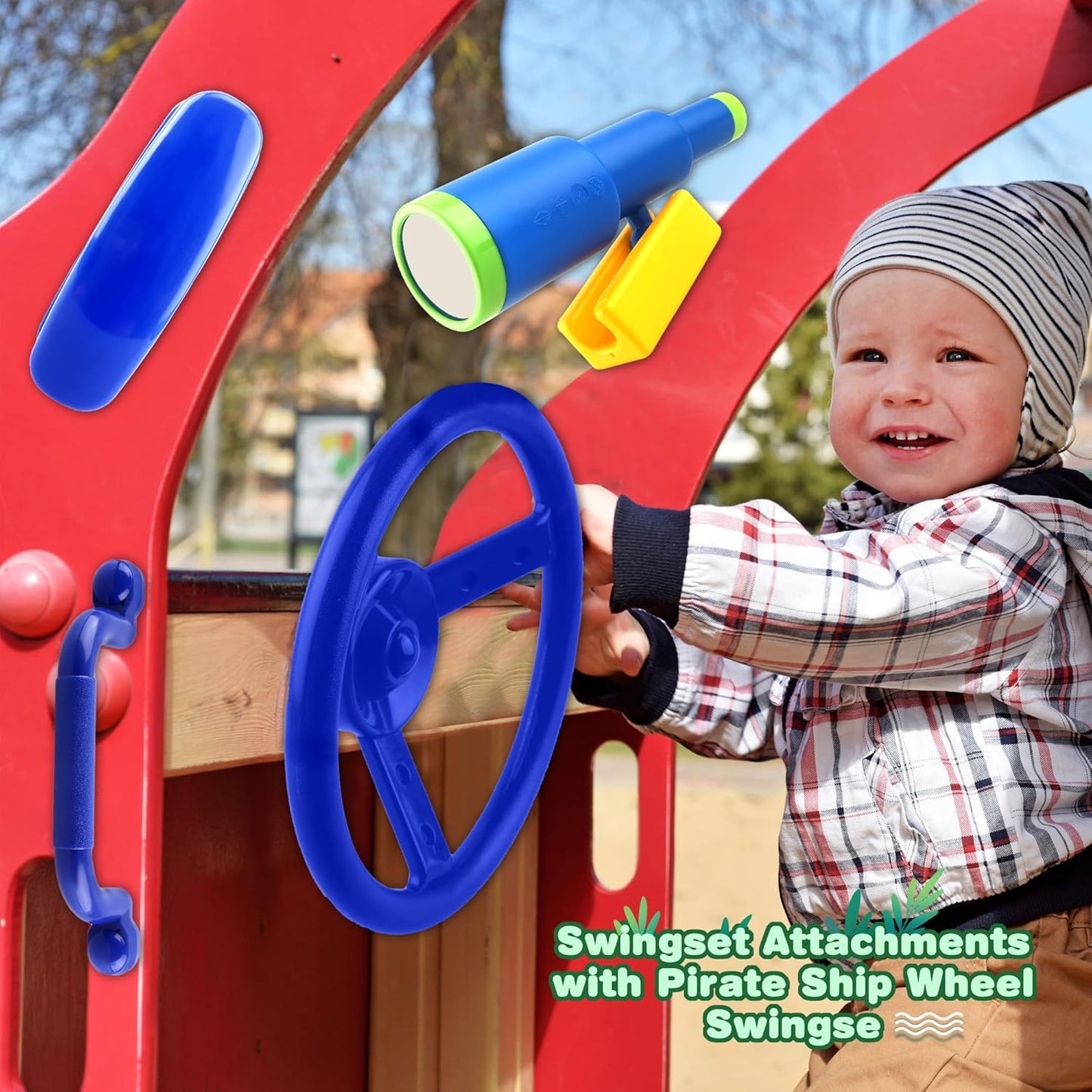 5 Pack Kids Playground Accessories Set Swingset Steering Wheel Plastic Telescope Safety Handles Telephone Toy for Outdoor Playhouse Playset (Color Set 4)