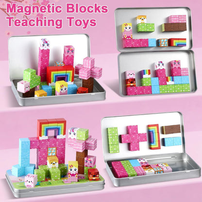 QOUBAI 45PCS Mini Magnetic Blocks Travel Toys, Magnet Building Cubes Tiles Set with Portable Iron Case, Learning Activities Gifts for Kids Toddlers Boys & Girls Ages 3-8 (Construction)