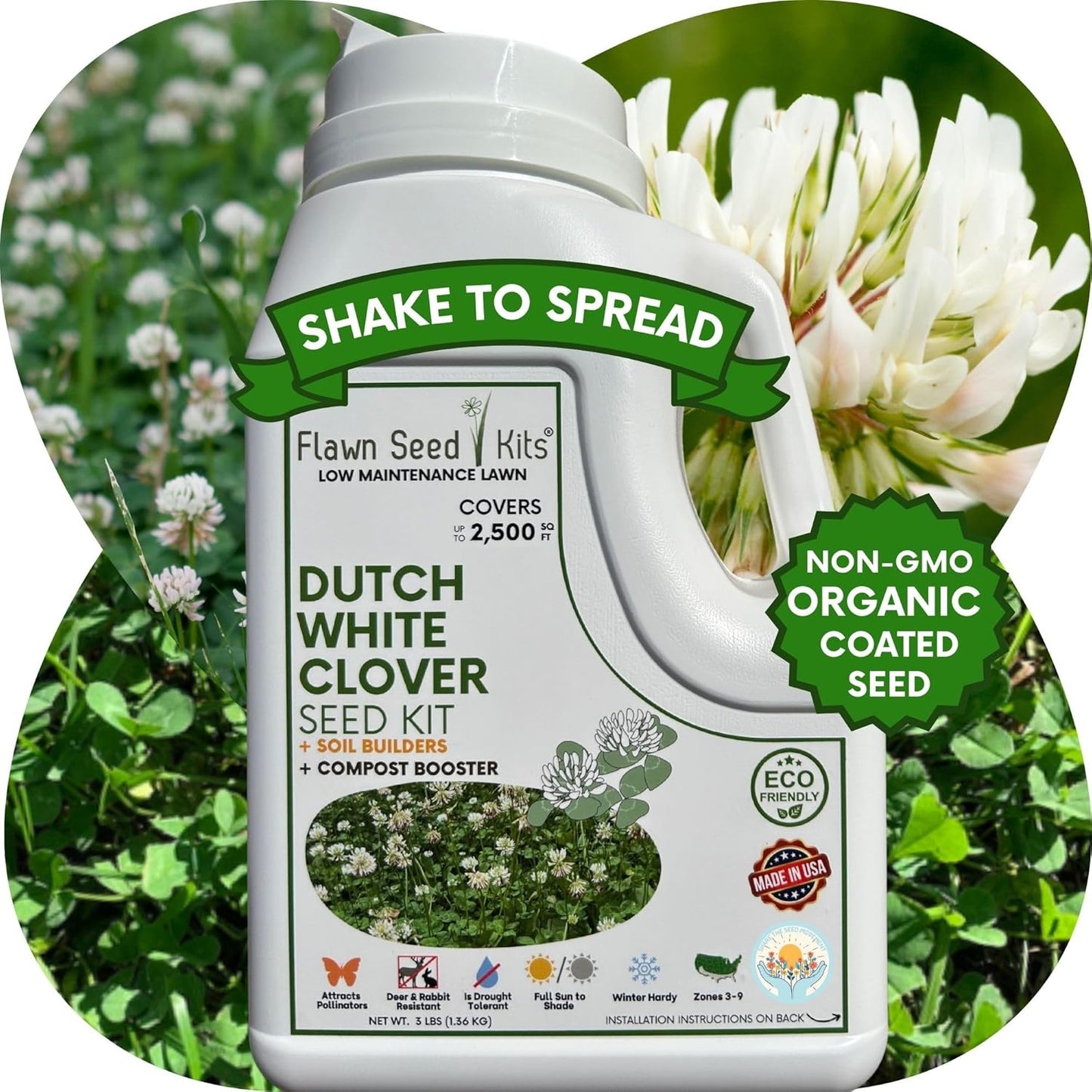 Lawn Seed Kits Dutch White Clover Seed Kit, Easy Spread Shakers, Low Maintenance Lawn, Alternative Ground Cover, Covers up to 250 Sqft