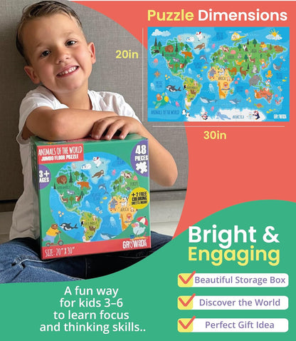 Floor Puzzles for Kids Ages 3-5 4-6 Educational 48 Piece Farm Animals with 2 Giant Coloring Posters Preschool Learning Toy Tractors Tools Barnyard Animals Screen Free Family Playtime